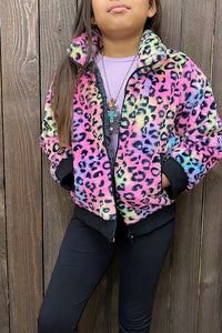 DLH2655 TIE DYE LEOPARD PRINT FLEECE GIRLS JACKET