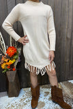 DLH2510 Ivory knit long sleeve girls sweater dress w/tassel