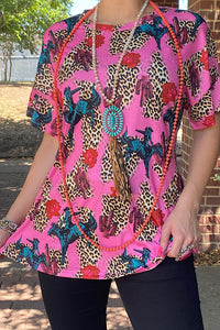 BQ1025 Pink leopard & western printed short sleeve blouse