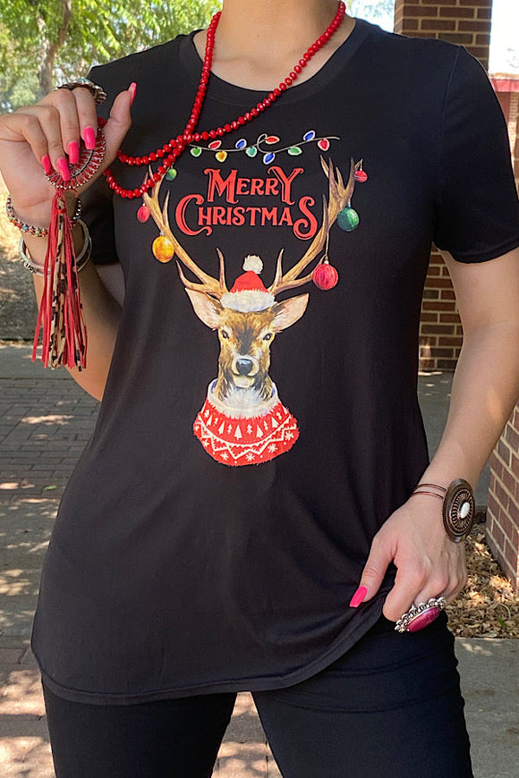 DLH10321 Black Merry Christmas reindeer w/ornaments t-shirt