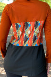 YMY9809 Rust Aztec color block long sleeve top