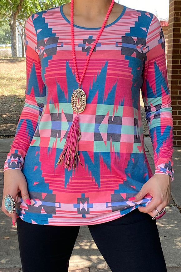 XCH12342 Multi color Aztec printed long sleeve top
