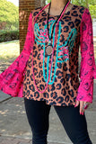 XCH13673 Leopard & Cactus layared bell sleeve top