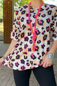 XCH13998  TAN & PINK LEOPARD SHORT SLEEVE TOP (ES5)