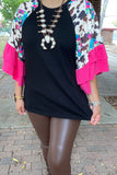 XCH14037  BLACK TOP W/ COW & TURQUOISE CACTUS SLEEVES AND PINK RUFFLE TRIM(BS9