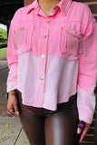 Rhinestone fringe pink tones tie dye denim jacket w/pockets DLH13627