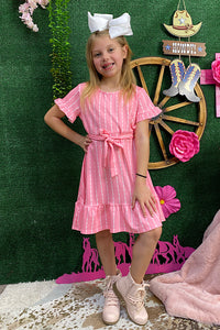 XCH0555-7H Pink stripped ruffle short sleeve dress w/adjustable pink belt