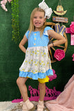 Children clothing suppliers Blue & yellow floral printed 2pcs girl set 1160WY (A3S5)