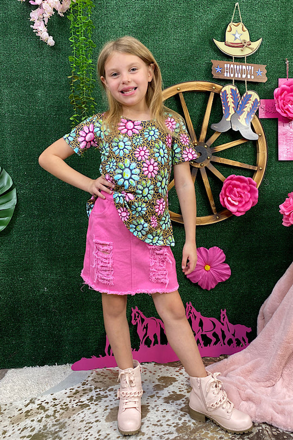 DLH2494 Concho printed blouse w/pink distressed skirt 2pcs girl set