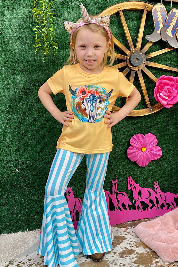 Bull skull top w/blue & white stripped bell bottoms 2pc girl set