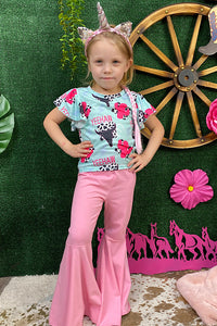 YEEHAW cactus & bull skull top w/pink bell bottoms 2pc set