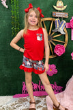 Summer girls clothes wholesale Red cow & white/black plaid printed 2pcgirl set XCH0777-34H (A3S5)