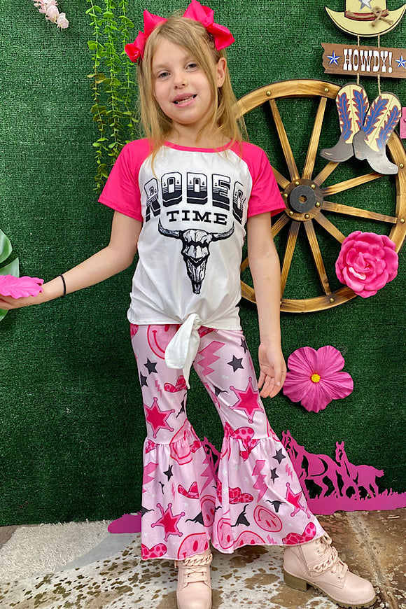 RODEO TIME Smiley face cow girl hat printed bell bottoms 2pcs girl set