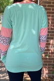 YMY13877  MINT,CORAL,LEOPARD COLOR BLOCK LONG SLEEVE TOP