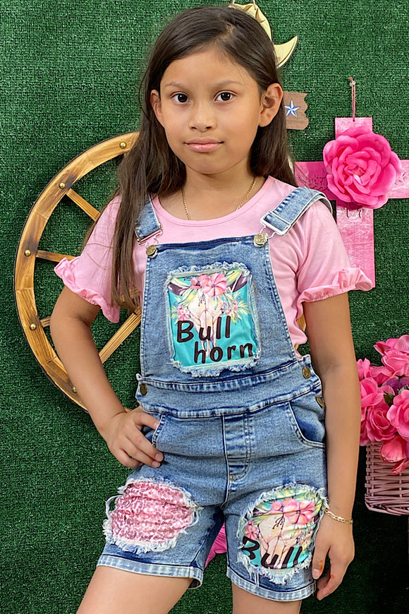 DLH2483 Bull horn denim romper w/patches includes pink top 2pcs girl set