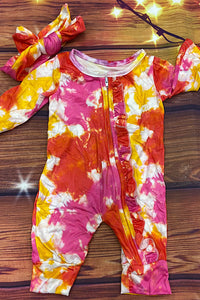 Orange & yellow tie dye printed baby onesie w/headband included