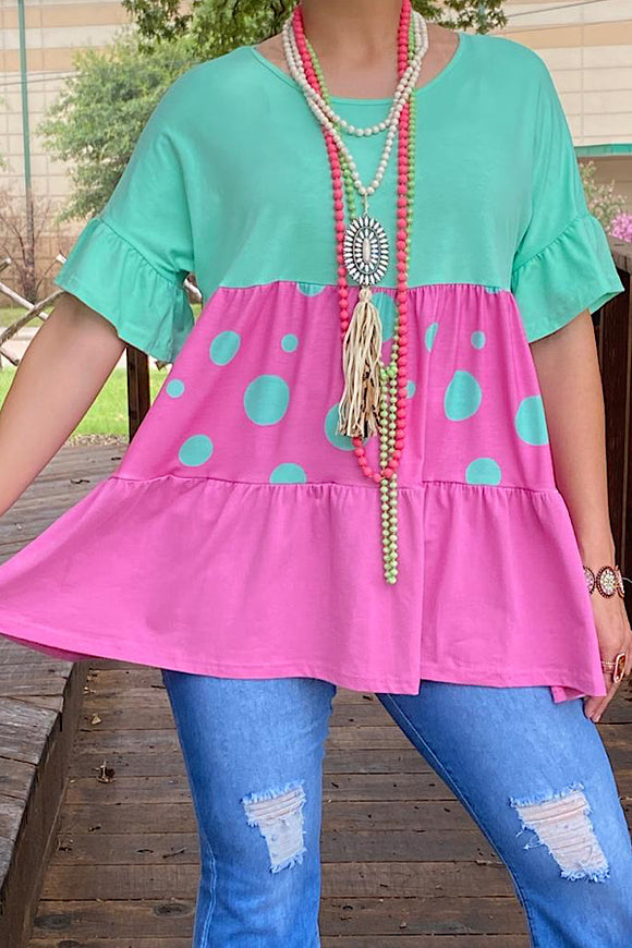 Mint tri color block baby doll blouse w/ruffle sleeve BQ13513