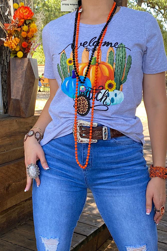 DLH9480 Welcome to our pumpkin patch printed graphic top.