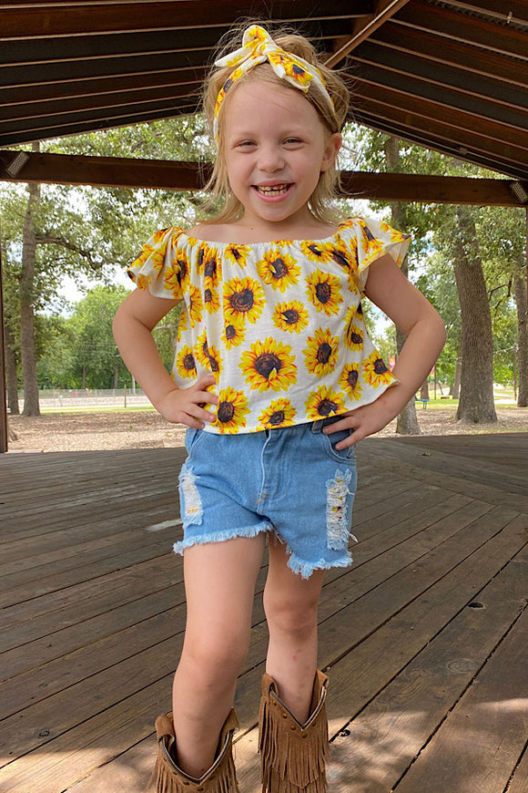 DLH2359 (A3S4) Sunflowers off the shoulder top w/denim shorts 3pc girl set