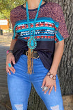 XCH13794 Black/leopard & multi color Aztec printed short sleeve top IS12