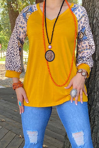 GJQ13086 Yellow mustard blouse w/ 3/4 bandana & leopard printed sleeves