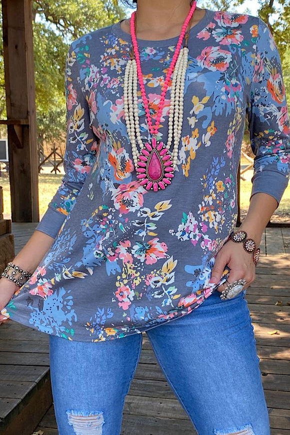 XCH13729 Navy multi color floral printed 3/4 sleeve top
