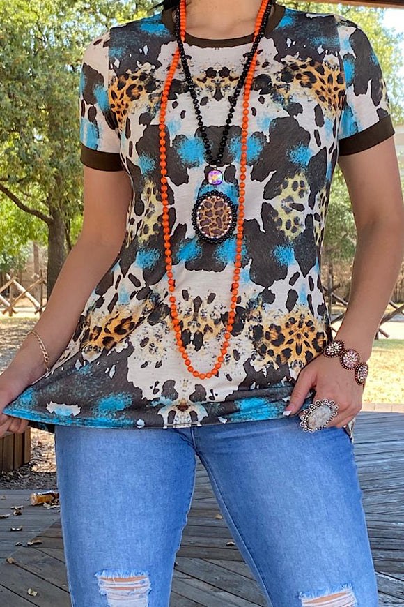 ymy11685 Animal print & turquoise concho printed short sleeve top