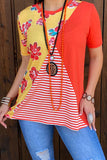 GJQ9394 Orange Floral/Striped short sleeve women top