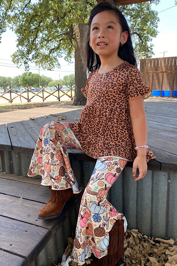 XCH0013-3H Leopard blouse w/pumpkin printed pants 2pcs girl set