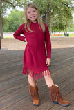 DLH2516 Burgundy knit long sleeve girls sweater dress w/tassels