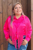XCH13345 Pink button up long sleeve blouse w/fringe tassels