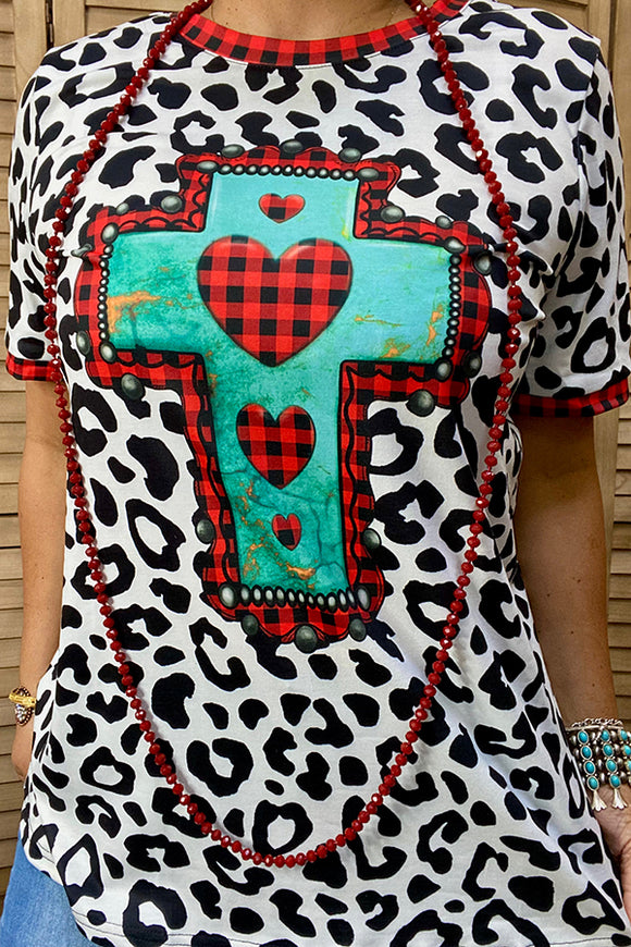 XCH14140 White leopard top w/turquoise cross graphic