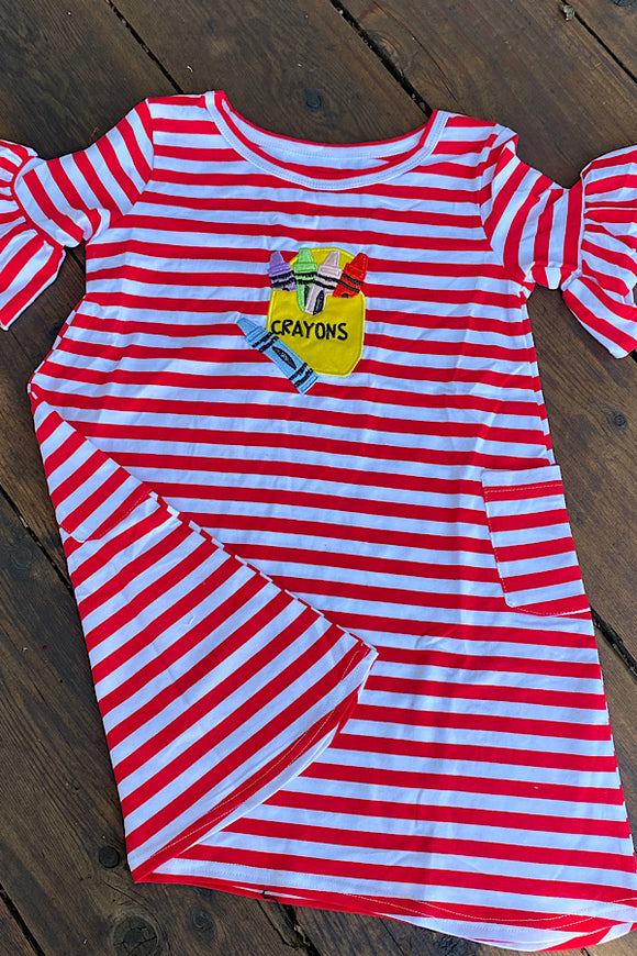Striped red w/ crayons patch girl dress DLH2421