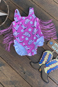 Purple western hat & boots printed bathing suite w/fringe tassels DLH2454