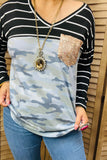 YMY9868 Camo/striped printed long sleeve top w/gold sequin front pocket