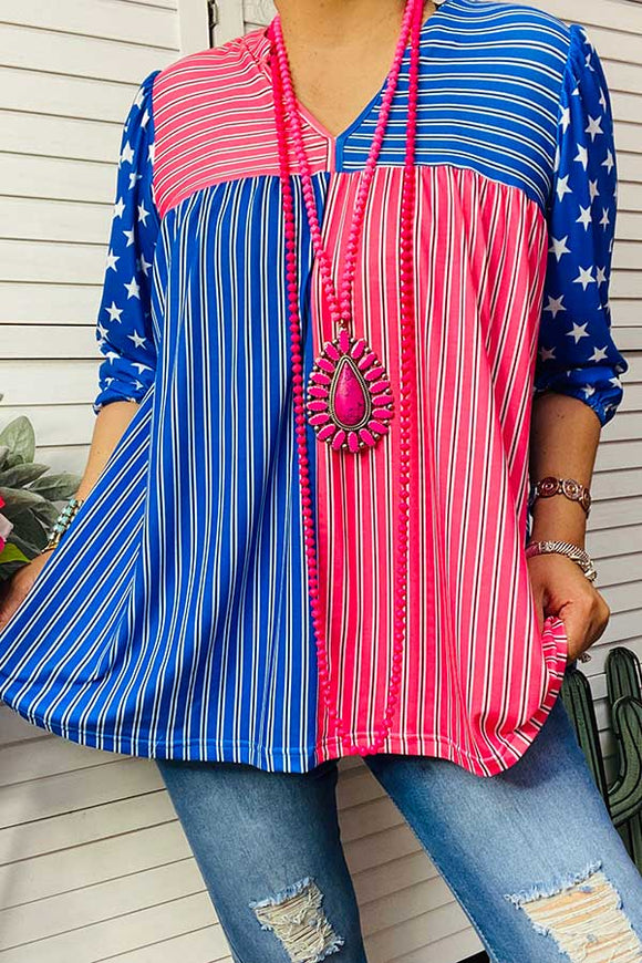 Women's blouse wholesaler 4th of July striped top with stars on the sleeves GJQ14720 (DS9)