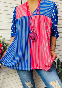 GJQ14720 4th of July top with stars on the sleeves . blue|white|pink