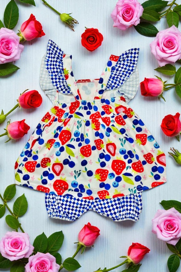 Buy Strawberry & cherry prints top & checkered bloomer 2pc girls sets LC0012 A14S6