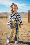 Western cow top w/stripped sunflowers, boots cactus pant girls boutique set LC0020 (A5S4)