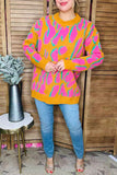 Pink/yellow/teal leopard knitted long sleeve women sweater MY13394