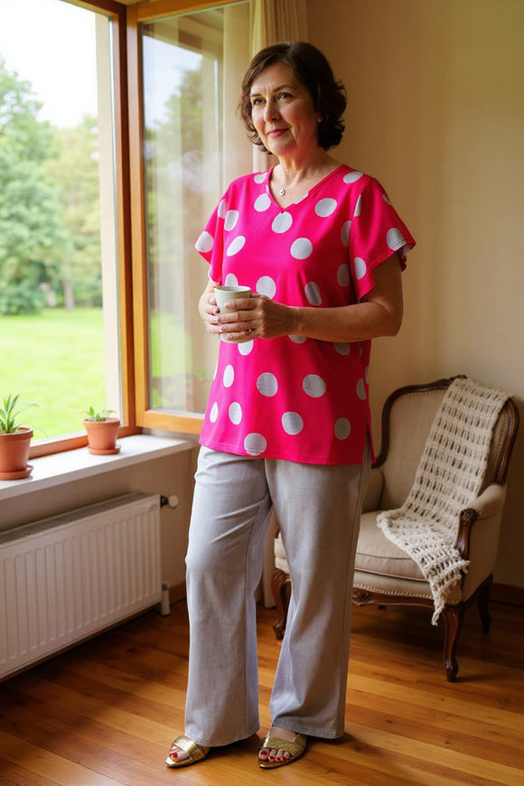 Fuchsia polka dots & grey wide leg pant 2pc women sets XCH15751 FS9