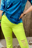 Neon green distressed bell bottoms women jeans
