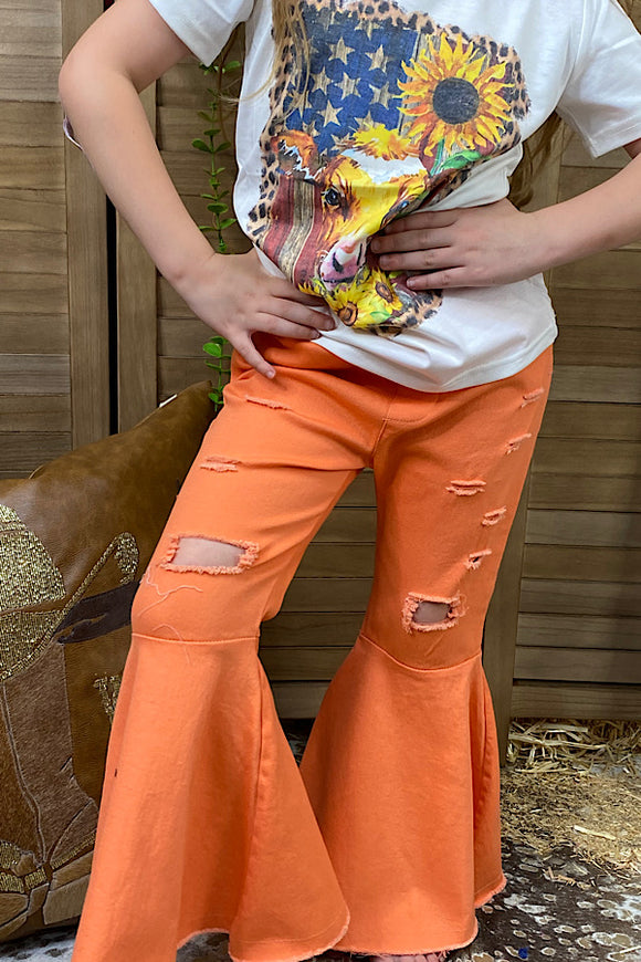 206014M Orange distressed bell bottom girl jeans