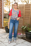 Western floral prints & red chiffon sleeve women's boutique blouse PA2408 (CS2)