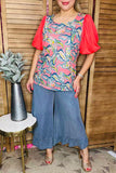 Multi color floral prints & red chiffon short sleeve women blouse PA2408 (CS2)
