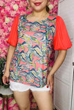 Women's top bulk online Multi color prints & red chiffon short sleeve PA2408