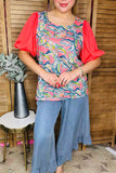 Multi color floral prints & red chiffon short sleeve women blouse PA2408 (CS2)