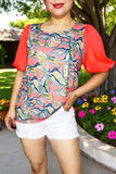 Women's top bulk online Multi color prints & red chiffon short sleeve PA2408