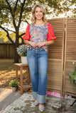Western floral prints & red chiffon sleeve women's boutique blouse PA2408 (CS2)