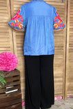 Southern Stitch Light Blue embroidery puff sleeves women blouse XCH16793